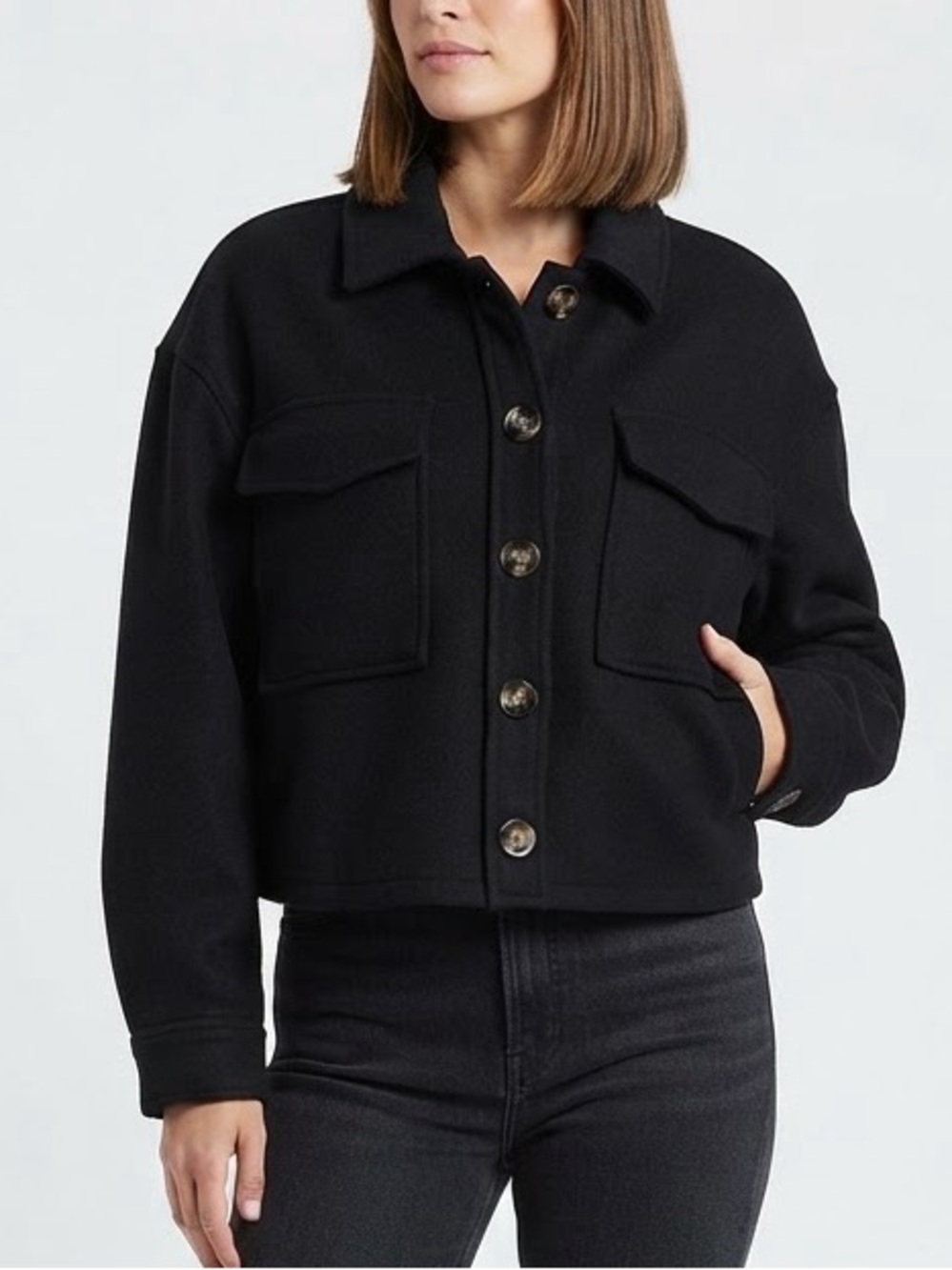 Love Tree Black Cropped Shacket Button Front Flap Pockets Size Small